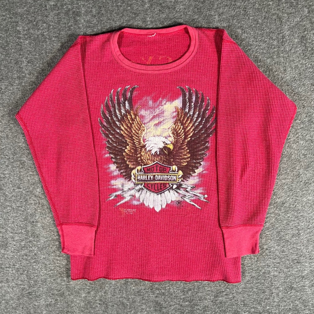 Vtg 80s Harley Davidson 3D Emblem Roaring Eagle Thermal Knit Venice Beach Medium